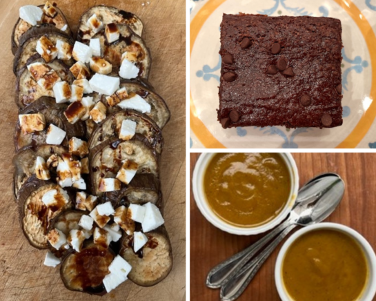 Collage of an image of Eggplant, a brownie and two bowls of soup