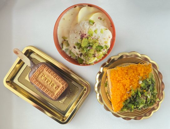 Clockwise from top Gulab Jamon Cheesecake Tart, Parle-G Chai Cakesicle and Rasmalai Tres Leches Pot