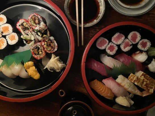 Birdseye View of Various Suchi rolls on a table