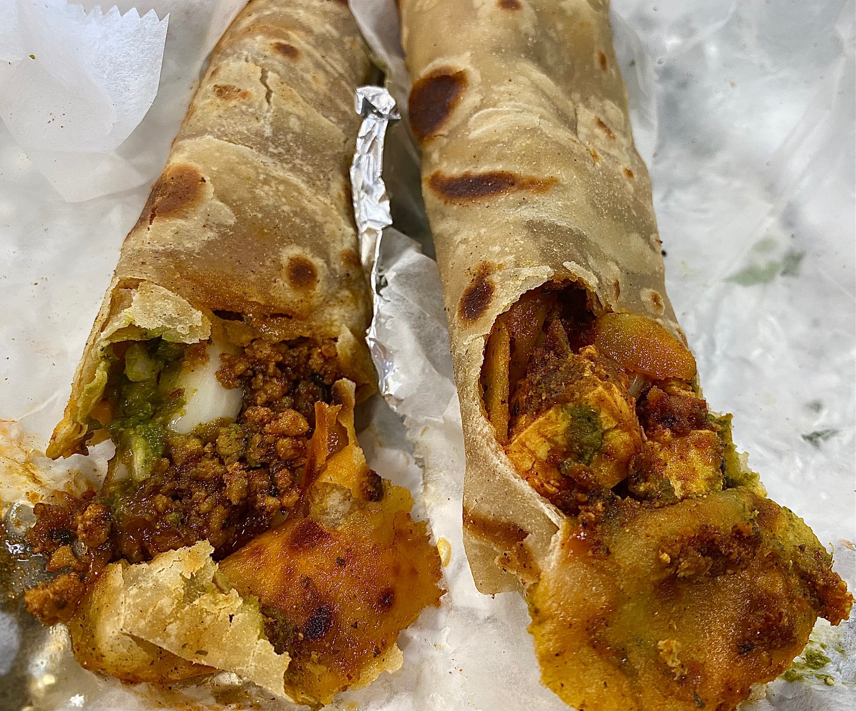 Kathi rolls: chicken keema and achari aloo paneer tikka